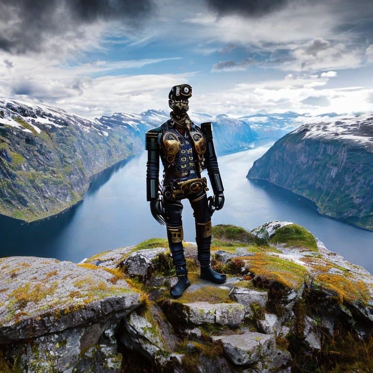 steampunk terminator on top of a Norwegian mountain overlooking a fjord